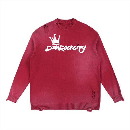 DEMROCKCITY Sun Fade Distressed Crewneck – Red Edition