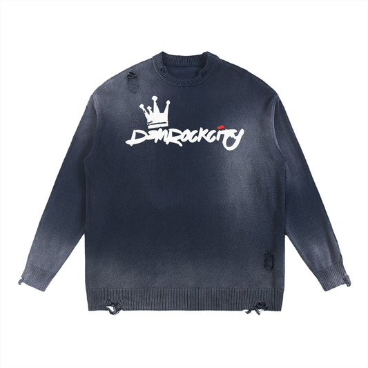 DEMROCKCITY Sun Fade Distressed Crewneck – Navy Edition